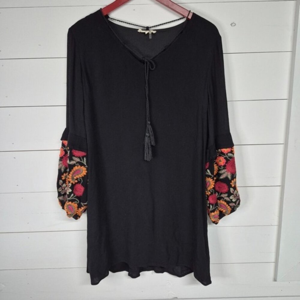 Entro Black Boho Tunic Dress With Embroidered Floral Sleeves Tassel Tie Neckline